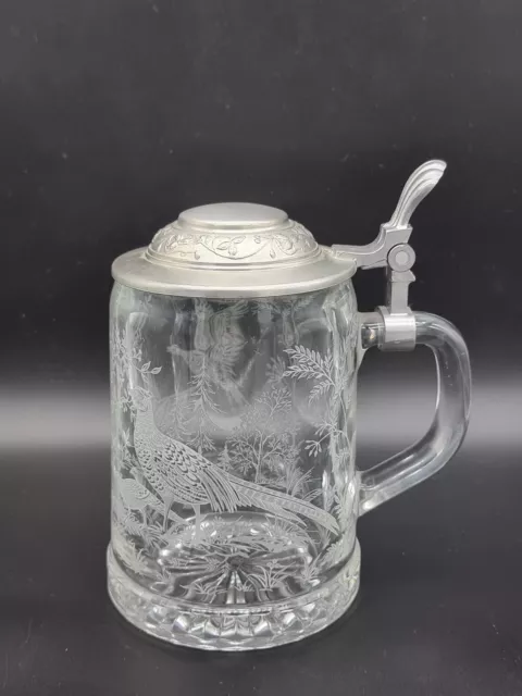 Vintage ALWE Germany Etched Glass Pheasants Motif Tankard / Stein. Lidded