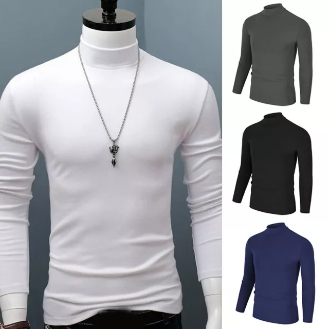 Hommes Col Roulé Pull Manches Longues Haut Pull Chaud Tricot T-Shirt @ * 3