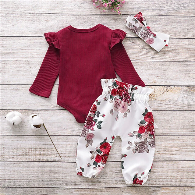 Newborn Baby Girl 3Pcs Outfit Ruffle Romper Tops+ Pants+Headband Set Clothes