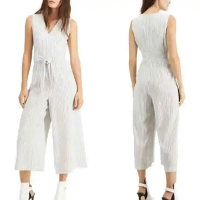 Calvin Klein White & Black Pinstripe Belted Crop Jumpsuit Romper Womens Size 12