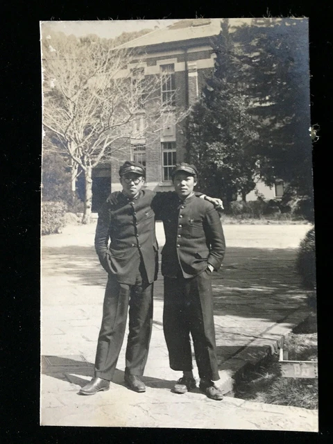 #737 Giapponese Vintage Foto 1940s / Two People Man Uniforme Tappo Student