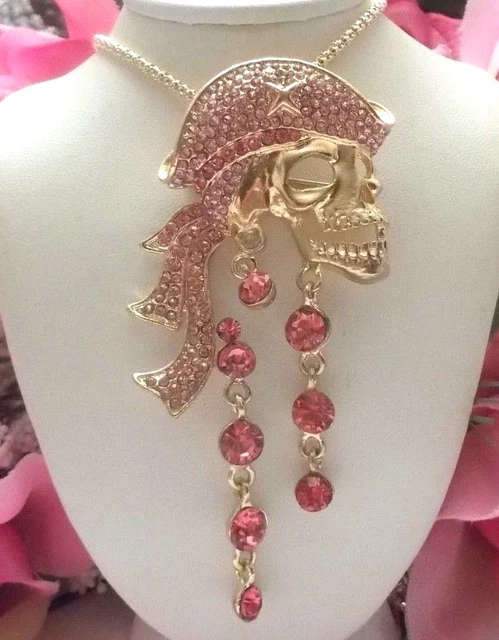 Betsey Johnson Sparkling Pink Crystal & Rhinestone Pirate Skull Pendant Necklace