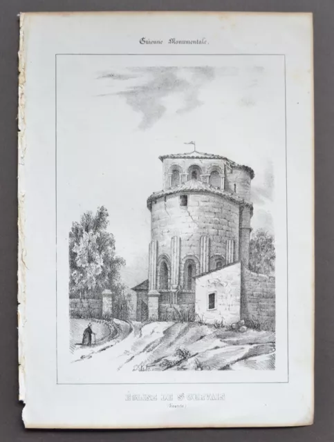 Lithographie XIXème - Église de St Gervais - Gironde