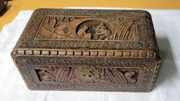 Antique Wooden Hand Carved Wood Yu Ting Good Luck Chest Box Hong Kong- Very Rare