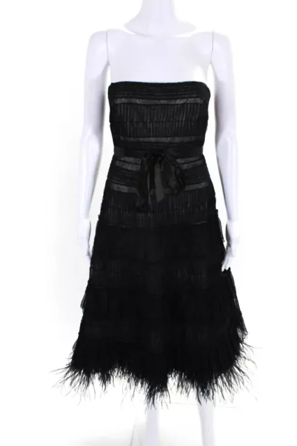 BCBGMAXAZRIA Womens Black Mesh Feather Detail Sleeveless Gown Dress Size 4