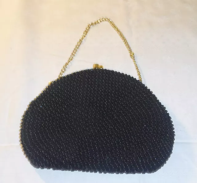 50S/60S Deco Shape Lucite Black Beaded Handbag Deco Clasp Hand Chain Exquisite