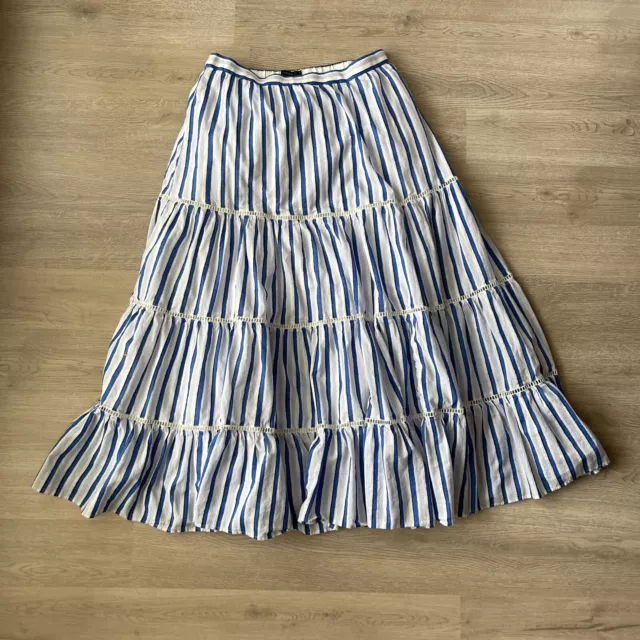 Women's J. CREW Tiered Midi Skirt Blue & White Striped Size XS Elasticized Waist