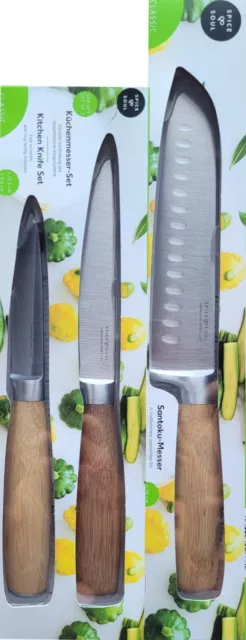 Messerset 3-tlg. Santoku Allzweck Gemüse - ergonomisch Bambusgriff - extrascharf