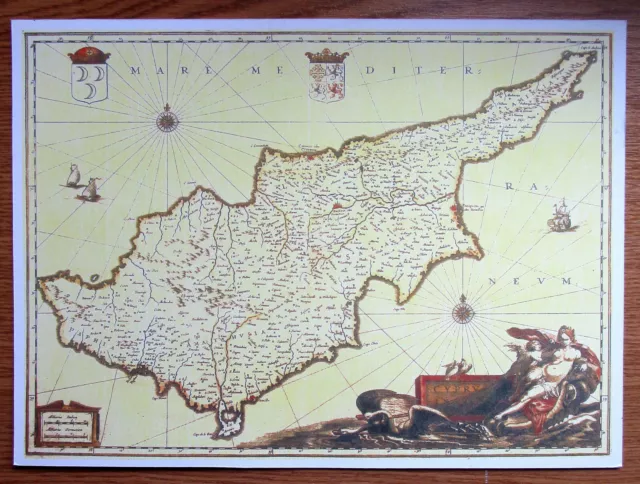 MAP  REPRODUCTION  11.5" x 8.5" ON CARD  OF MEDIEVAL  CYPRUS   READY FOR FRAMING