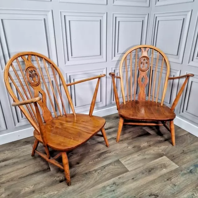 Pair 2 Vintage Mid Century Ercol Easy Tub Wooden Fireside Lounge Arm Chairs