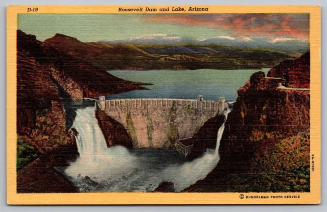 Arizona Roosevelt Dam & Lake Scenic Landmark Aerial View Linen Postcard