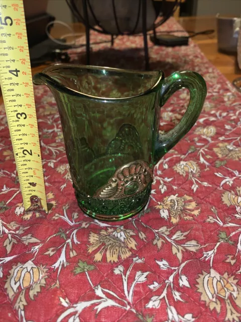 Antique Souvenir EAPG Glass Sm Pitcher Creamer Souvenir Green Gold