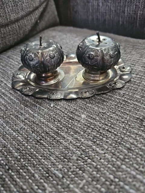 Vintage Circa 1940'S Pumpkin Sterling Silver Mexican Salt & Pepper Shakers &Tray