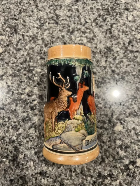 VINTAGE AUTHENTIC GERMAN BEER MUG / STEIN Hand Painted Deer Design, Colorful 7”