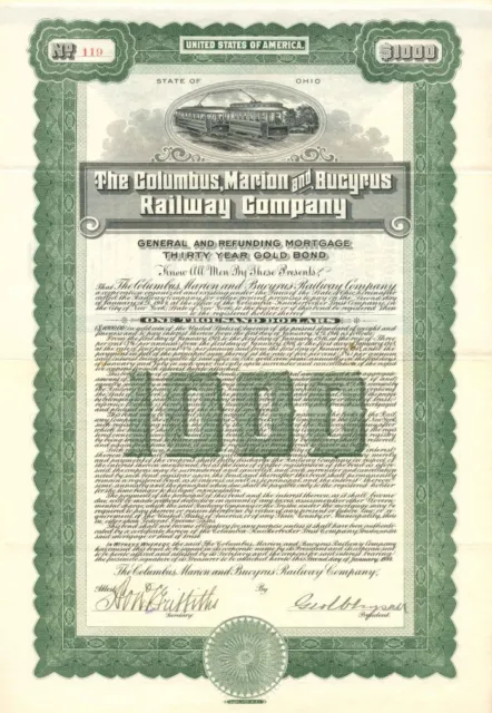 Columbus, Marion and Bucyrus Railway Co. - 1914 dated $1,000 Railroad Gold Bond