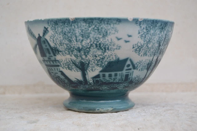 Petit Bol Ancien à Facettes - Décor Pont, Rivière Et Moulin Sur Fond Jaune - Porcelaine Vintage - Occasion
