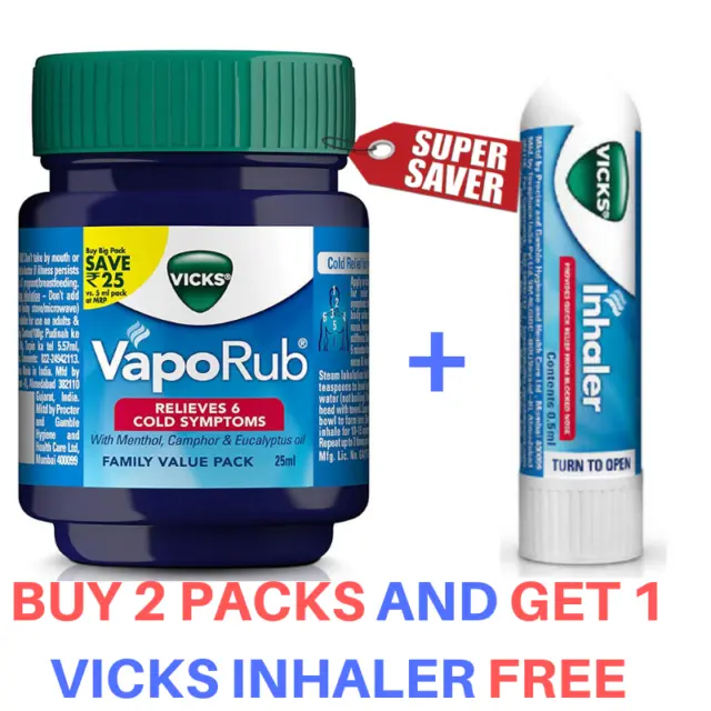 Vicks Vaporub Ointment And Inhaler Pack Relieves Blocked Nose Cold Relief 25g