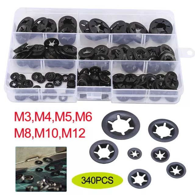 340pc Internal Tooth Star Lock Spring Quick Washer Push On Speed Nut Assortment