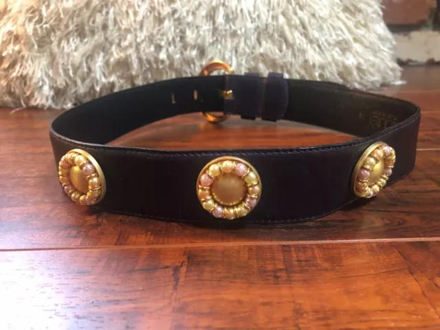 Vintage 80s Escada Laurel Purple Leather Brass Buckle Belt Ladies Size S 26-30"