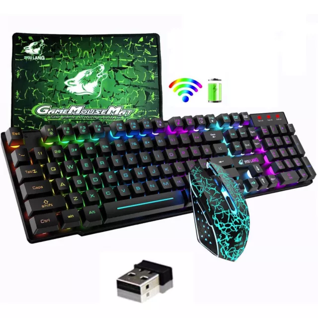 Wireless Rainbow Backlit Rechargeable 104 Keys Gaming Keyboard and 2400DPI Mouse