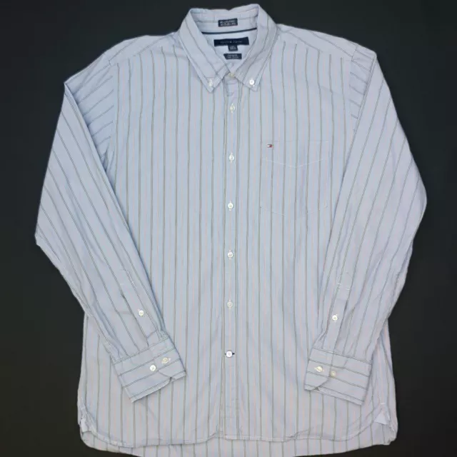 Tommy Hilfiger Dress Shirt LARGE 16.5 17 Blue Long Sleeve Custom Fit Striped