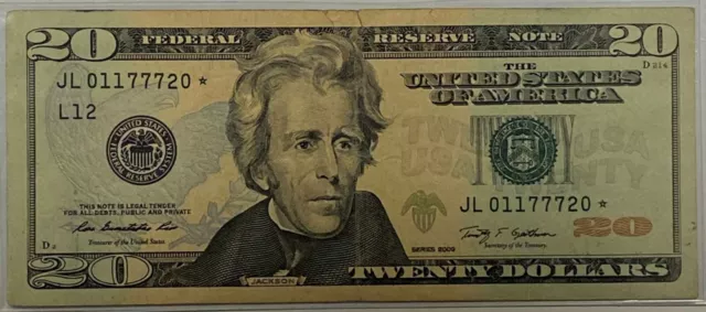 2009 (JL) $20 Twenty Dollar Bill Federal Reserve Note Star San Fran 01177720*