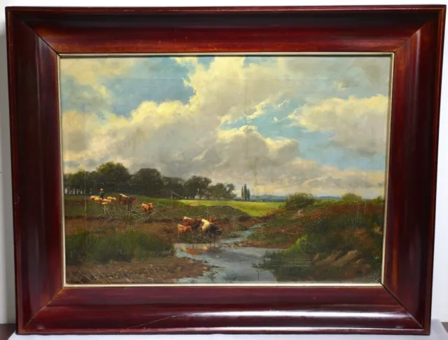 German animalist landscape Signed oil painting Mid 19th century