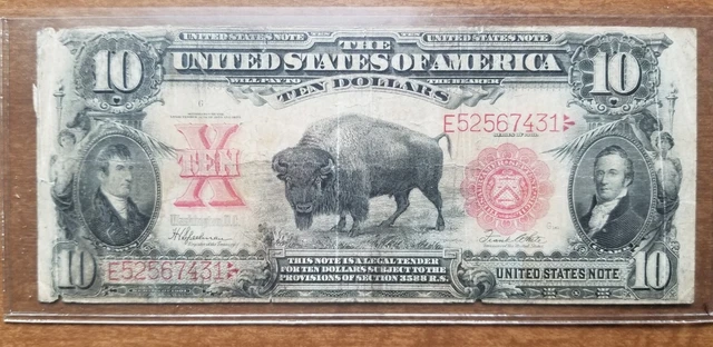 1901 10$ Bison Red Seal Ten Dollar Legal Tender US Note - Speelman White