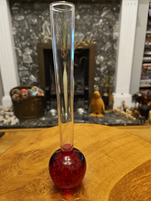 Vintage Single Bud Ruby Red Art Glass Vase With Air Bubble Base 20cm