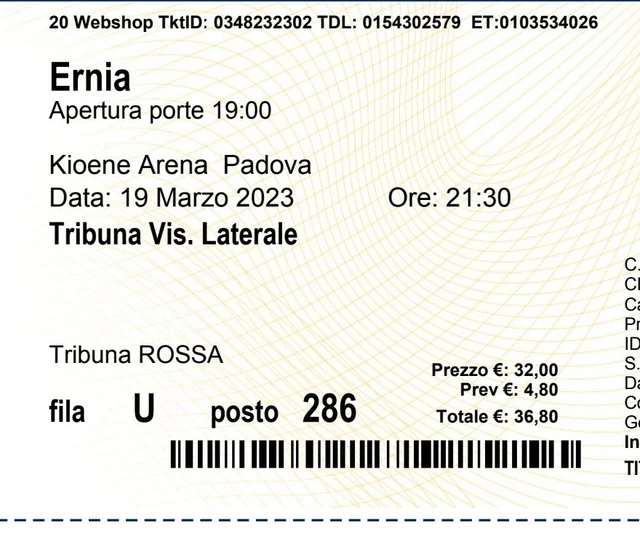 concerto ERNIA a Padova. Svendiamo 4 biglietti 30 euro cad.