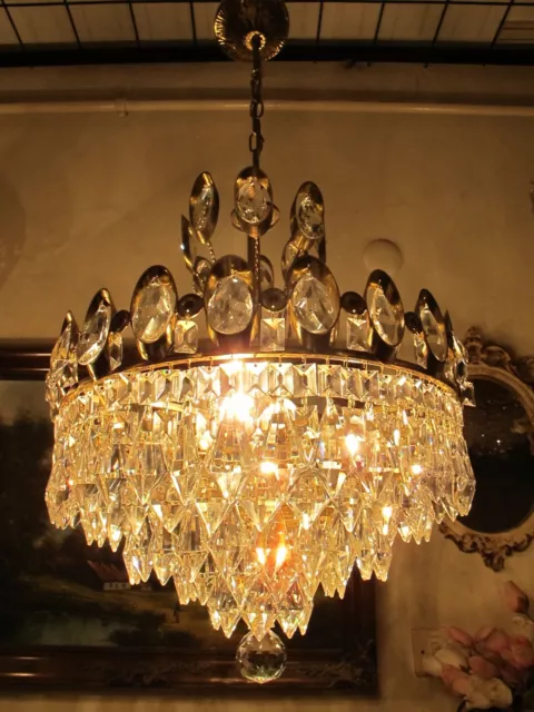 Antique Vintage French Basket Style Crystal Chandelier Luster Light 1960's 15 in Antique Vintage French Basket Style Crystal Chandelier Luster Light 1960's 15 in