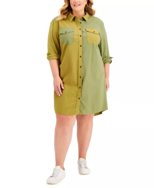 MSRP $60 Style & Co Colorblocked Utility Shirtdress Green Size Large