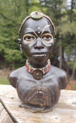 African Tribal Art Sculpture Detailed Statue Bust Painted Resin Head 7" Tall