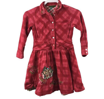 Oilily Red Plaid Cat Appliqué Corduroy Dress Kids Girls Size 8 Years Colorful
