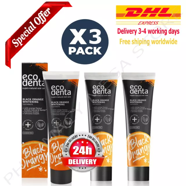 Pack3 x ECODENTA Black Orange Whitening Toothpaste with Charcoal & Teavigo Vegan