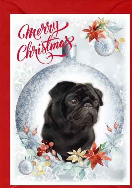 Pug (Black) Dog A6 (4" x 6") Christmas Card (Blank inside) Design by Starprint