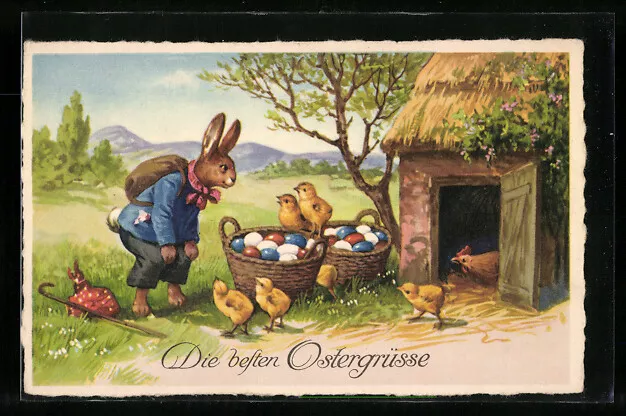 KÜNSTLER-AK OSTERHASE UND Küken bestaunen die bunten Eier EUR 10,00 ...