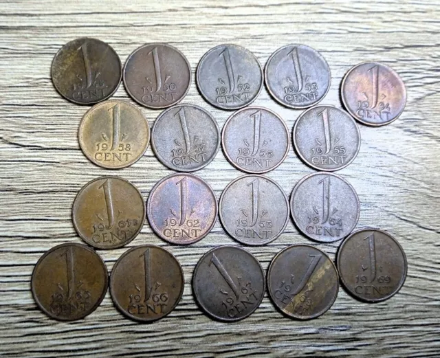 Netherlands -  1948-1969 - 1 CENT - 18 COINS LOT -XF- KM #180 - JULIANA