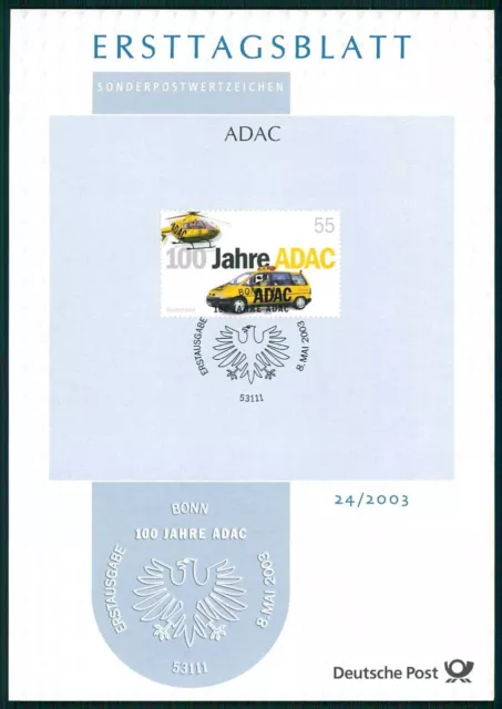 Germany Brd Etb 2003/24 Adac Automobile Club Car Helicopter First Day Sheet