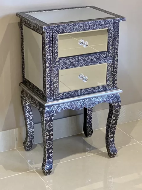 Pair Mirrored Blackened Silver Metal Embossed 2 Drawer Bedside Table Side Table