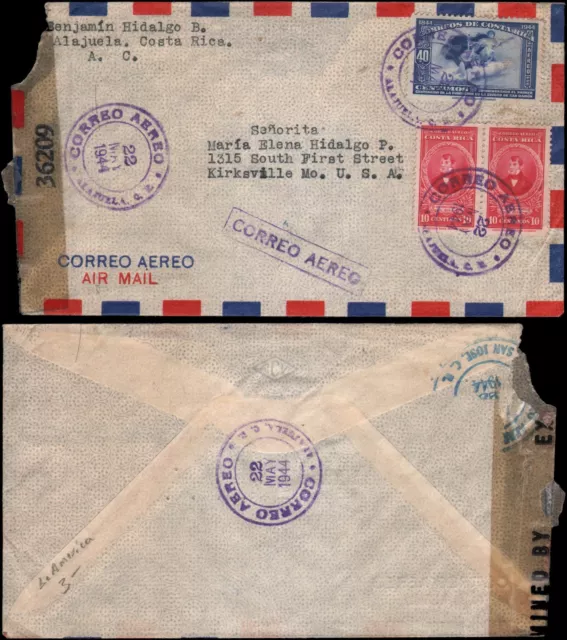 Costa Rica a Kirksville MO, 1944, censurado