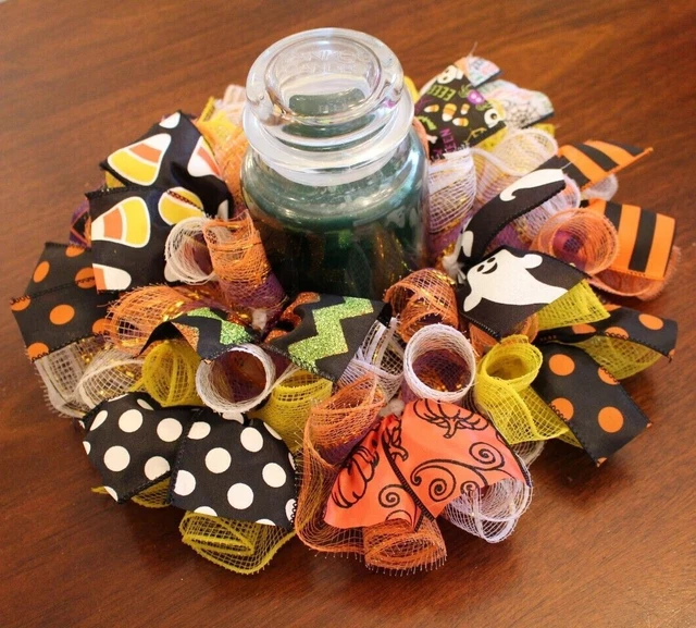 14" Halloween Centerpiece/Candle Ring/Mini Wreath ~ Deco Mesh w/Ribbons Ghosts