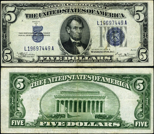 FR. 1652 $5 1934-B Silver Certificate Mule L-A Block VF