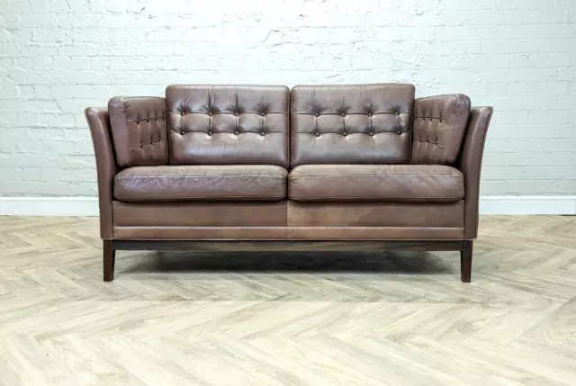 Mid-Century Vintage Retro Danish Brown Leather 2 Seater Sofa by Mogens Hansen