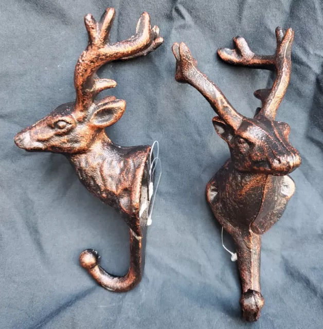 Cast Iron Set Of 2 Stag Deer Elk Head Mounted Wall Coat Hook 7.5" Hangers Cabin