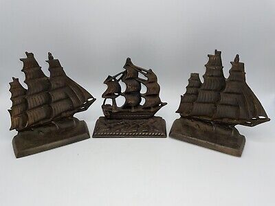 3 Vintage Cast Iron Brass Plated Sailboat Ship Bookends HEAVY Nautical Sailing