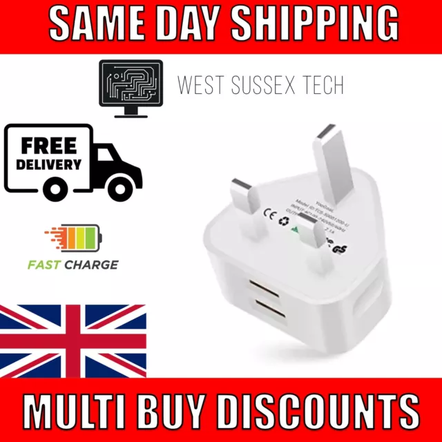 2 Port UK USB Wall Charger 3 Pin Plug Mains Adapter For Phones, Tablets Power