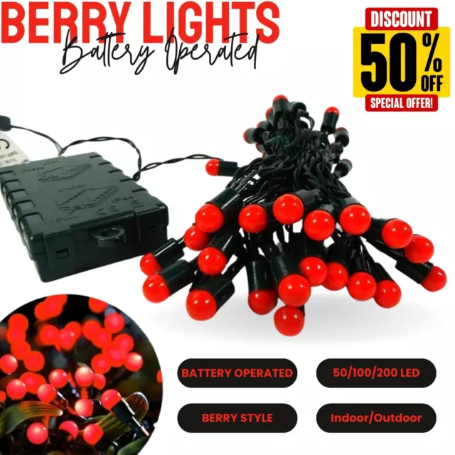 Battery Operated Berry Christmas Lights Red String Xmas Fairy Party 50 100 200
