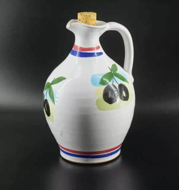 Italian Pottery Hand Painted Olives on Olive Oil Decanter with Cork Stopper