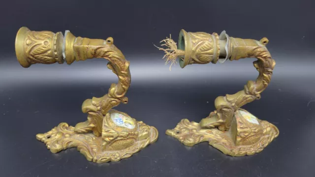 Pair of Antique Vintage Small Brass Arm and Porcelain Wall Light Sconces, Parts 3